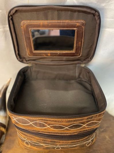 Rustic Leather Bootstitch Makeup Bag Handle and Mirror