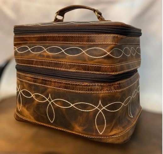 Rustic Leather Bootstitch Makeup Bag Handle and Mirror